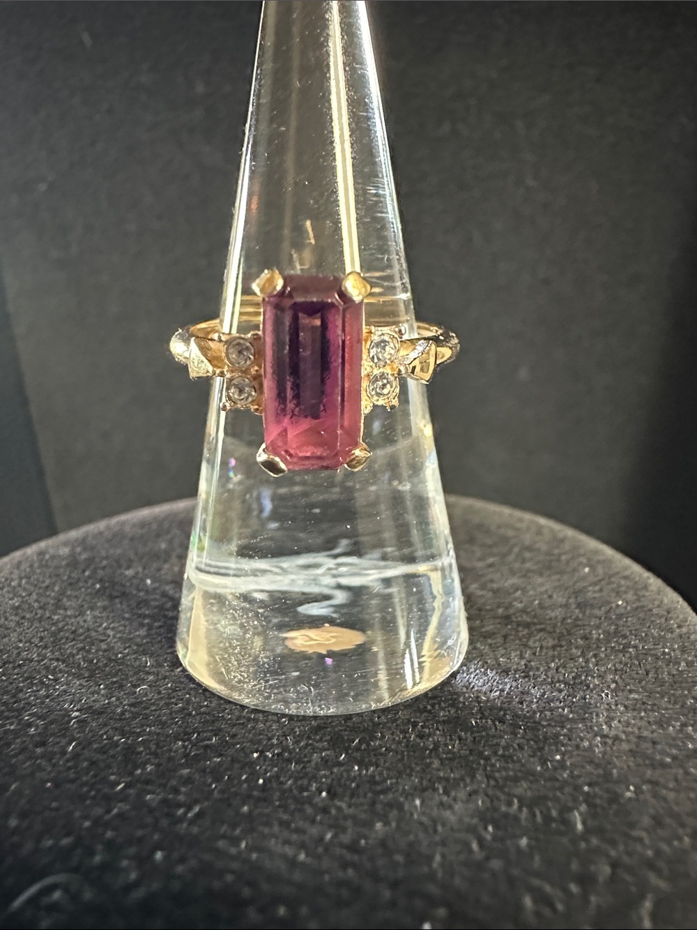 Vintage Avon “Plaza IV” Gold-Tone Ring with Emerald Cut Faux Amethyst Stone